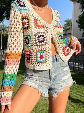Shein Boho Crochet Multi-Color Square Cardigan Sweater